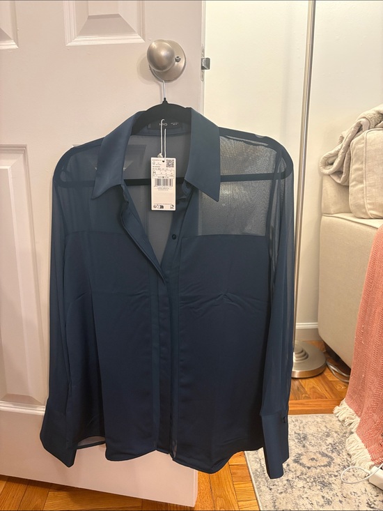 Mango Tops - Mango Sheer Panel Navy Blue Button-Up Blouse